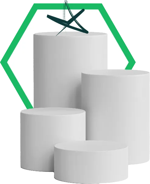 4 white cylinders gradually getting taller with a drawn star at the top and a hexagon made of a green outline and a white middle part