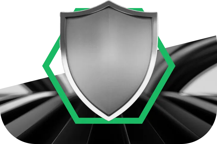 Silver shield in the middle of a green hexagon