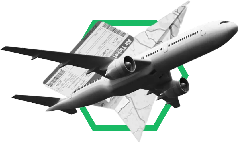 Illustration of a plane and a paper plane behind it as well as a paper air travel ticket, all this is in the middle of a hexagon made from a green outline